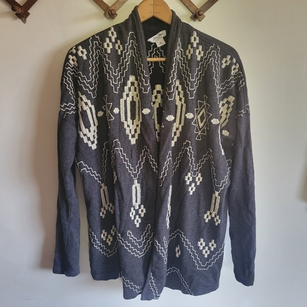 Lucky Bliss Embroidered Open Cardigan Aztec Gray White Medium